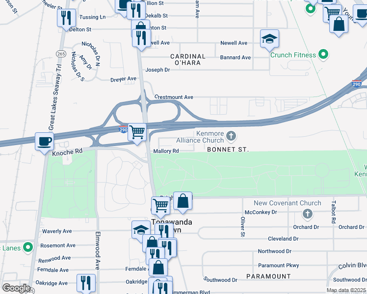 map of restaurants, bars, coffee shops, grocery stores, and more near 73 Bonnett Avenue in Tonawanda