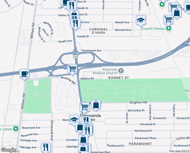 map of restaurants, bars, coffee shops, grocery stores, and more near 73 Bonnett Avenue in Tonawanda