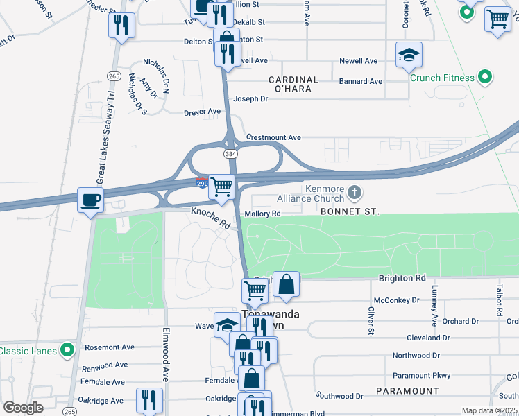 map of restaurants, bars, coffee shops, grocery stores, and more near 33 Bonnett Avenue in Tonawanda