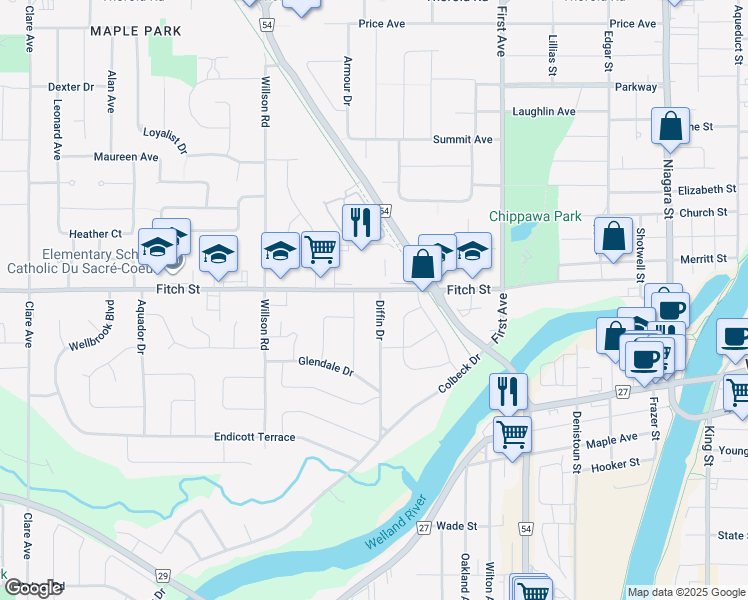 map of restaurants, bars, coffee shops, grocery stores, and more near in Welland