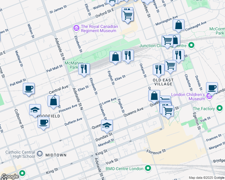 map of restaurants, bars, coffee shops, grocery stores, and more near 729 Princess Avenue in London