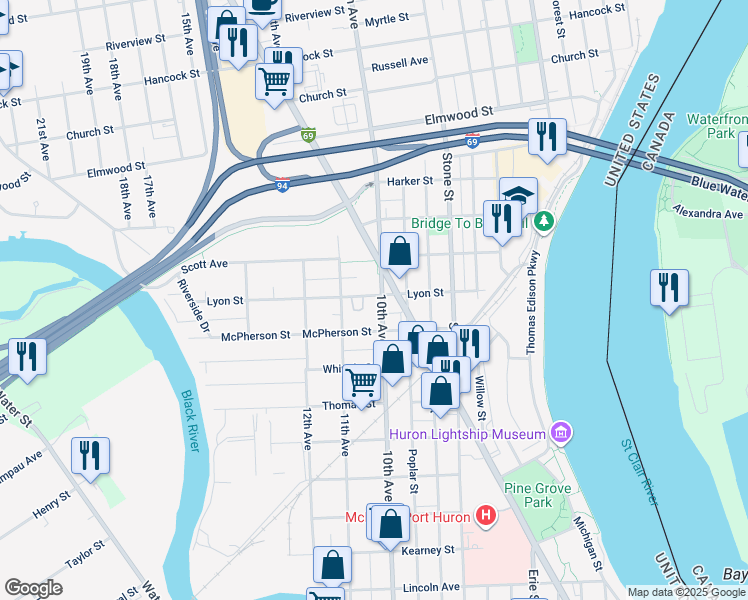 map of restaurants, bars, coffee shops, grocery stores, and more near 1915 10th Avenue in Port Huron