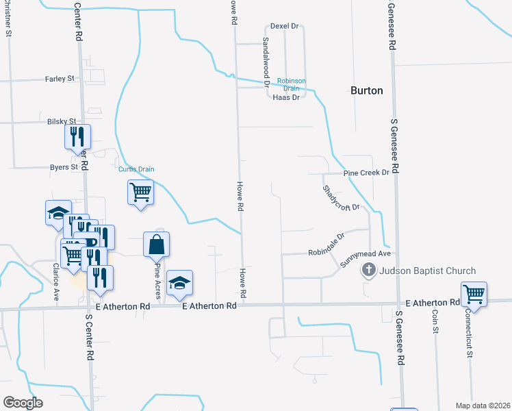 map of restaurants, bars, coffee shops, grocery stores, and more near 2353 Howe Road in Burton
