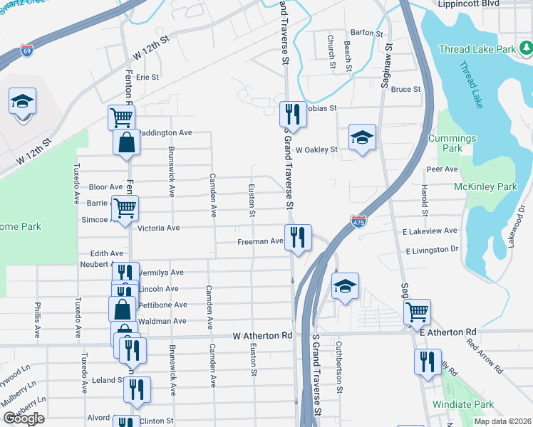 map of restaurants, bars, coffee shops, grocery stores, and more near 640 Simcoe Avenue in Flint