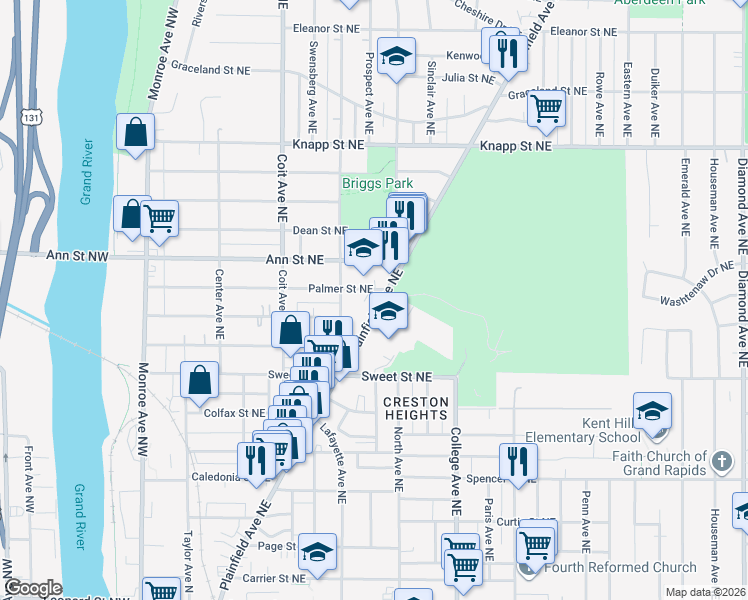 map of restaurants, bars, coffee shops, grocery stores, and more near 1721 Plainfield Avenue Northeast in Grand Rapids