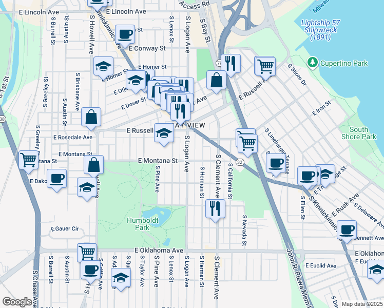 map of restaurants, bars, coffee shops, grocery stores, and more near 2755 South Logan Avenue in Milwaukee