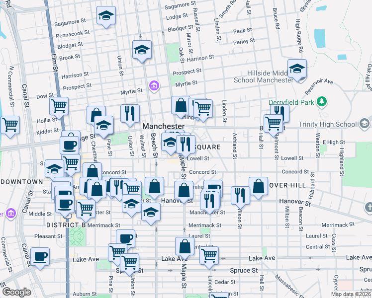 map of restaurants, bars, coffee shops, grocery stores, and more near in Manchester
