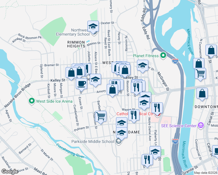 map of restaurants, bars, coffee shops, grocery stores, and more near 546 Montgomery Street in Manchester