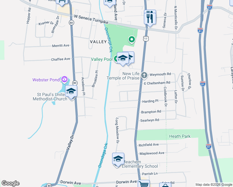 map of restaurants, bars, coffee shops, grocery stores, and more near 104 Marjorie Street in Syracuse