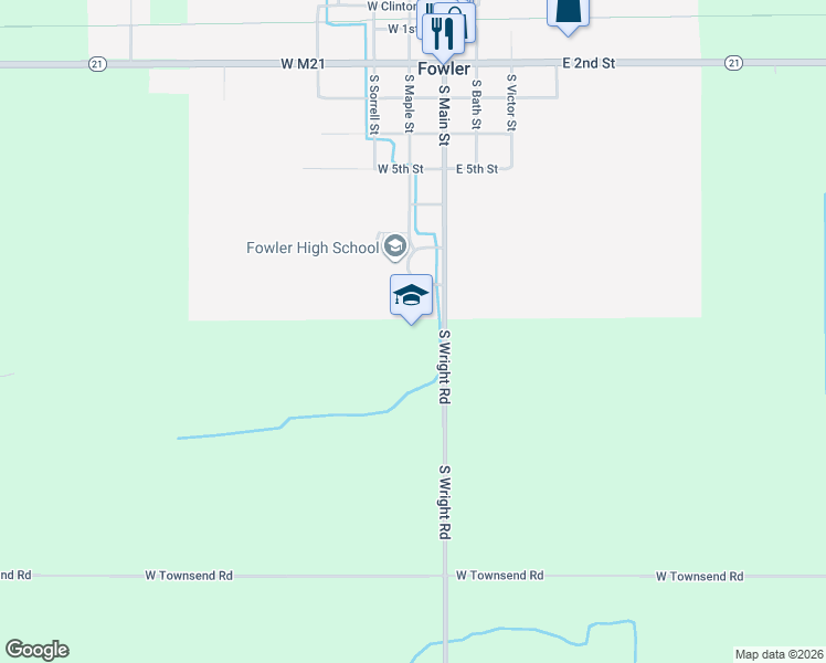 map of restaurants, bars, coffee shops, grocery stores, and more near 700 South Wright Road in Fowler