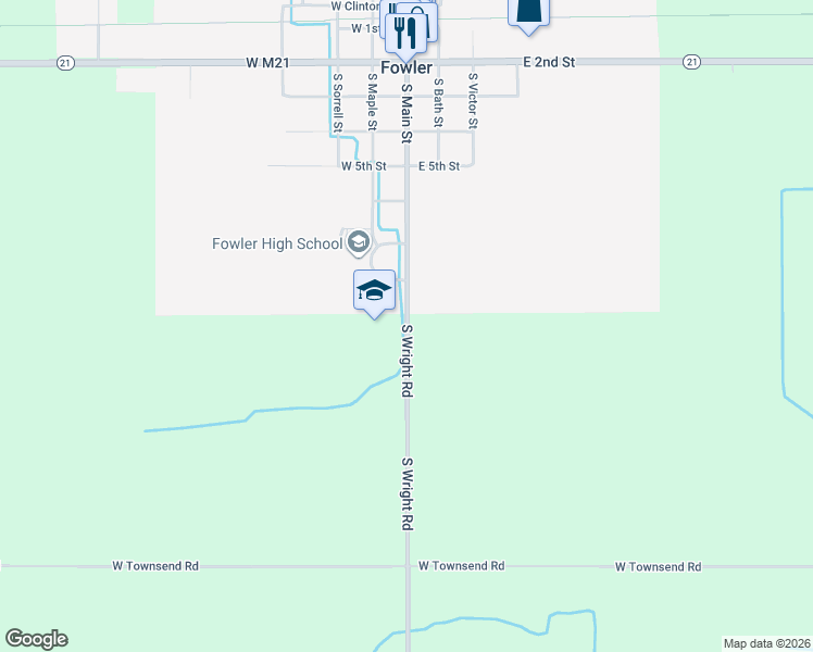 map of restaurants, bars, coffee shops, grocery stores, and more near 700 South Wright Road in Fowler