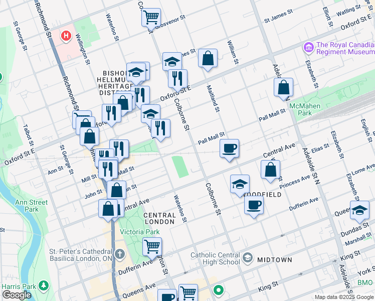 map of restaurants, bars, coffee shops, grocery stores, and more near 393 Pall Mall Street in London