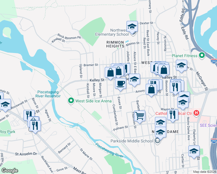 map of restaurants, bars, coffee shops, grocery stores, and more near 66 Boutwell Street in Manchester