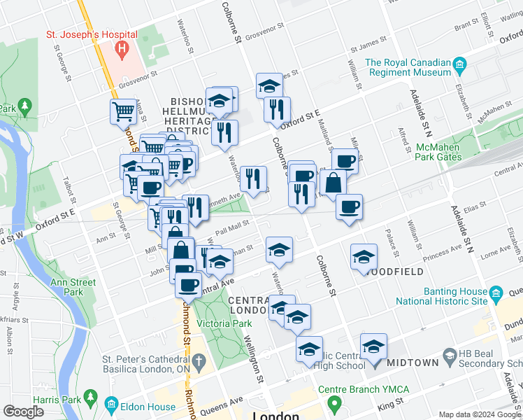 map of restaurants, bars, coffee shops, grocery stores, and more near 680 Waterloo Street in London