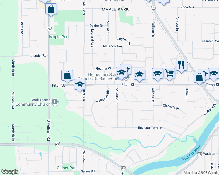 map of restaurants, bars, coffee shops, grocery stores, and more near 419 Fitch Street in Welland