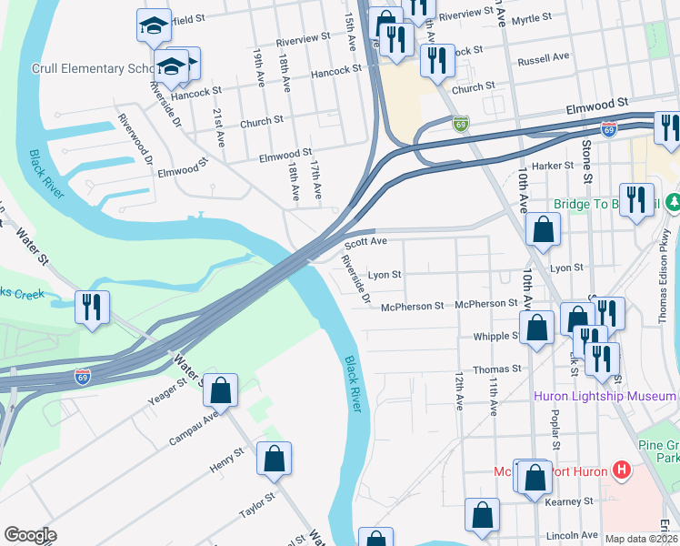 map of restaurants, bars, coffee shops, grocery stores, and more near 1914 Riverside Drive in Port Huron