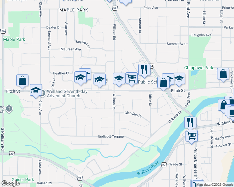 map of restaurants, bars, coffee shops, grocery stores, and more near 253 Fitch Street in Welland
