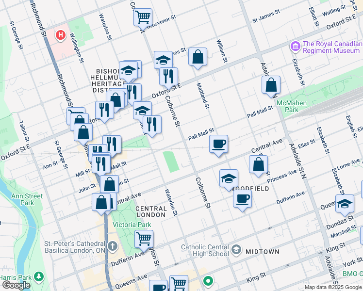 map of restaurants, bars, coffee shops, grocery stores, and more near 393 Pall Mall Street in London