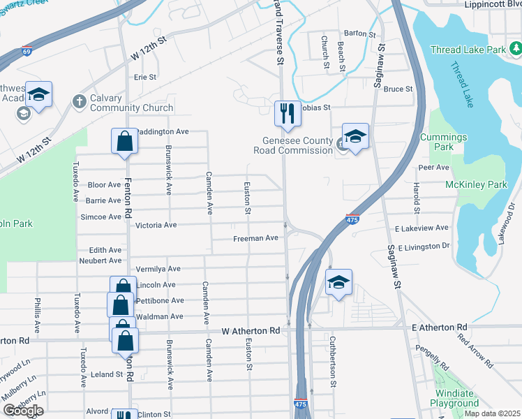 map of restaurants, bars, coffee shops, grocery stores, and more near 635 Simcoe Avenue in Flint