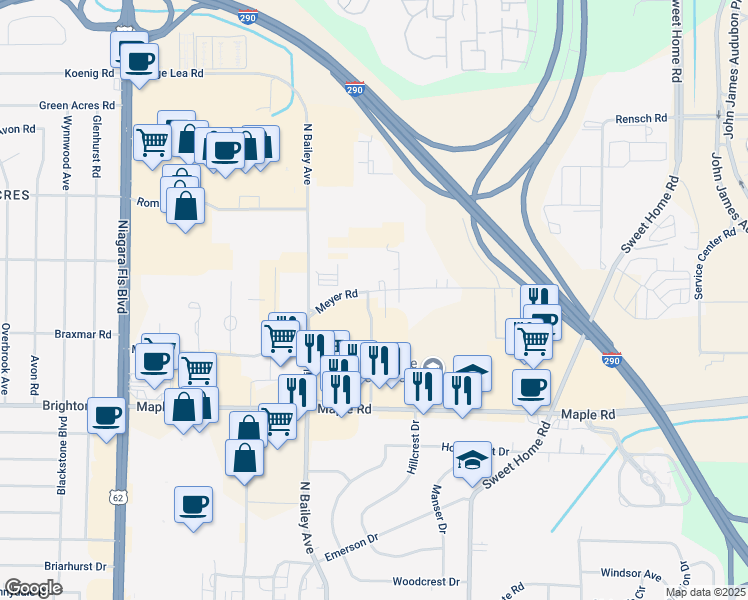 map of restaurants, bars, coffee shops, grocery stores, and more near 303 Meyer Road in Buffalo