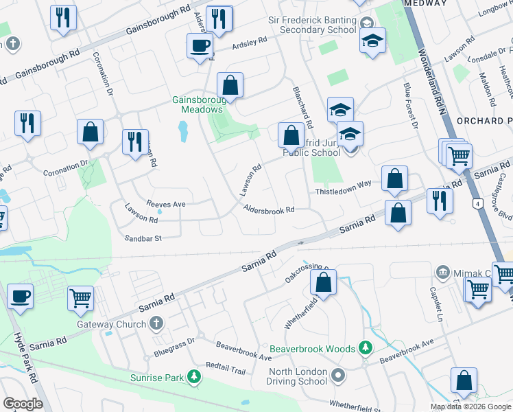 map of restaurants, bars, coffee shops, grocery stores, and more near 1112 Aldersbrook Road in London