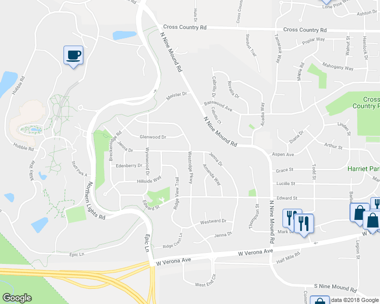 map of restaurants, bars, coffee shops, grocery stores, and more near 481 Westridge Parkway in Verona