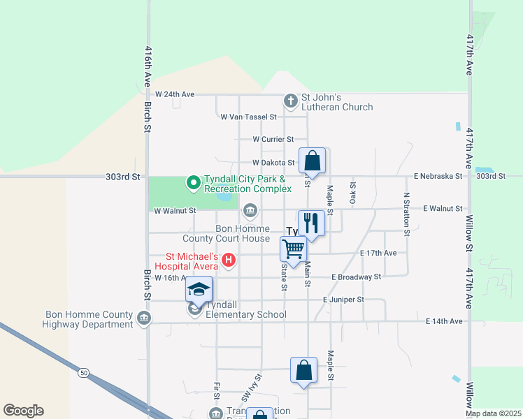 map of restaurants, bars, coffee shops, grocery stores, and more near North Washington Street in Tyndall