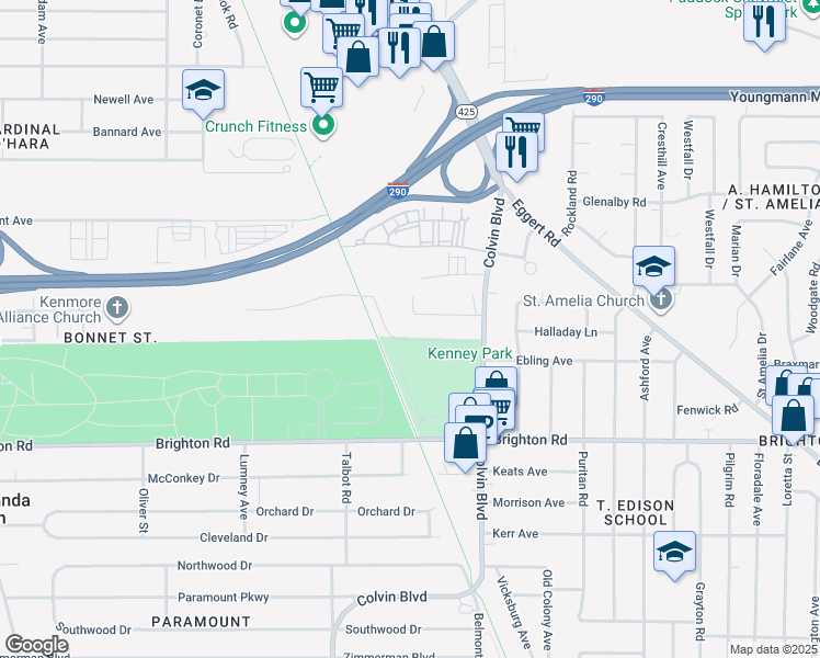 map of restaurants, bars, coffee shops, grocery stores, and more near 200 Colvin Woods Parkway in Tonawanda