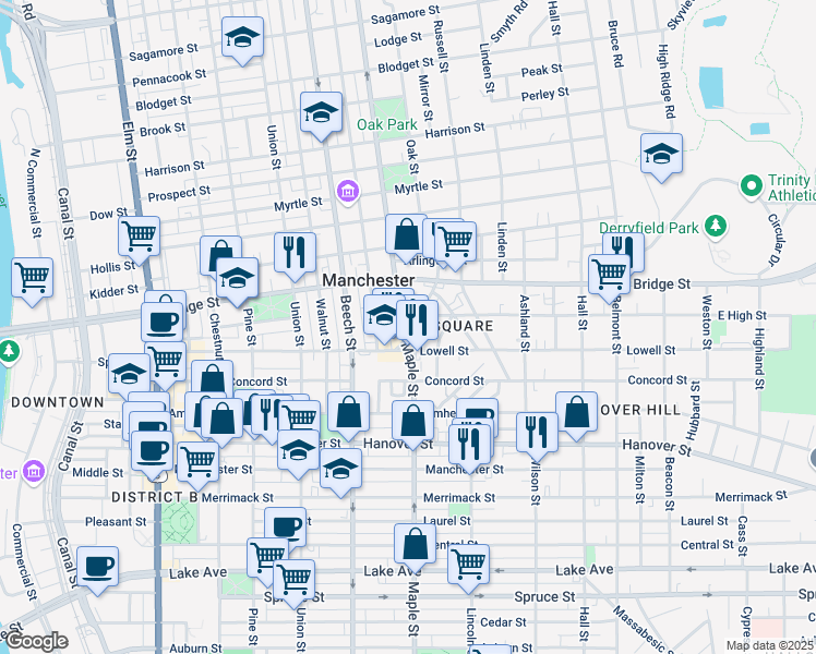 map of restaurants, bars, coffee shops, grocery stores, and more near in Manchester
