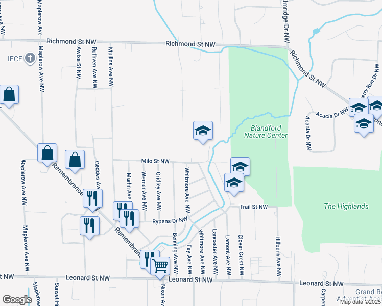 map of restaurants, bars, coffee shops, grocery stores, and more near 3143 Milo Street Northwest in Walker