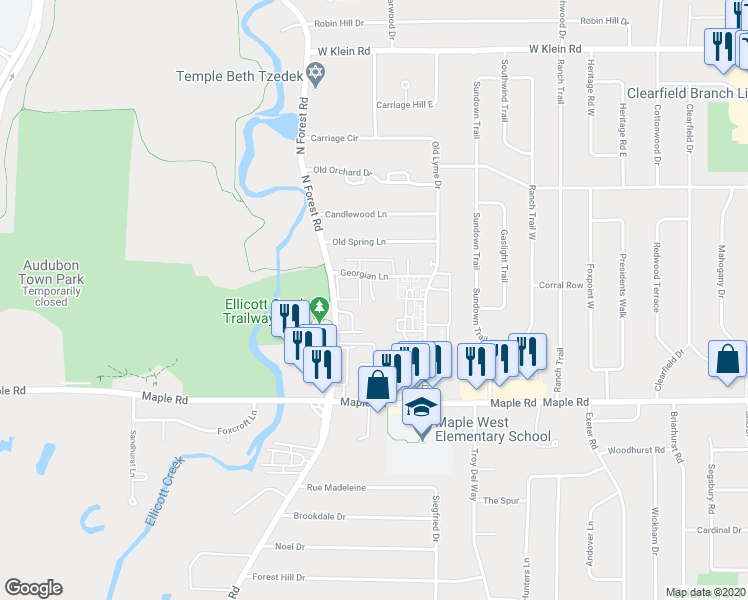 map of restaurants, bars, coffee shops, grocery stores, and more near 39 Georgian Lane in Buffalo