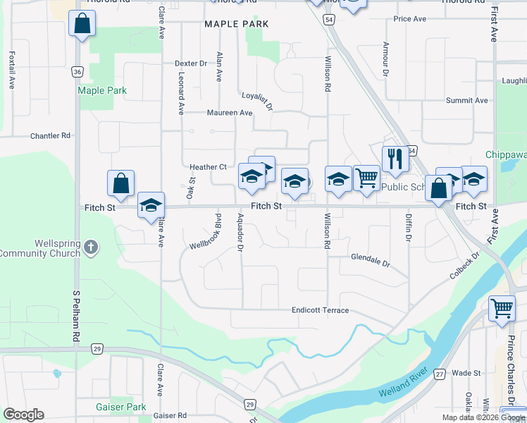 map of restaurants, bars, coffee shops, grocery stores, and more near 369 Fitch Street in Welland