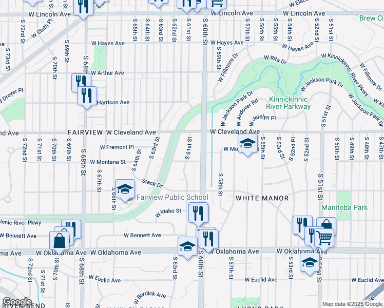 map of restaurants, bars, coffee shops, grocery stores, and more near 2752 South 61st Street in Milwaukee