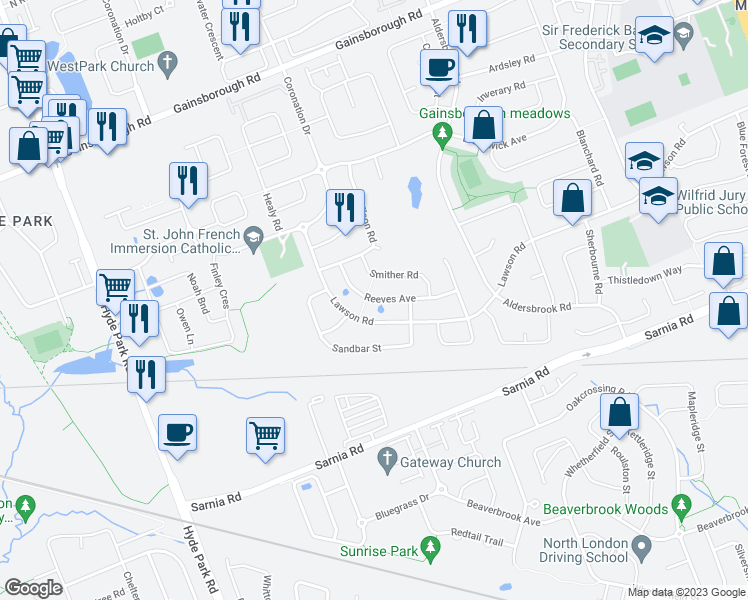 map of restaurants, bars, coffee shops, grocery stores, and more near 884 Reeves Avenue in London