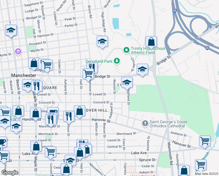 map of restaurants, bars, coffee shops, grocery stores, and more near 467 East High Street in Manchester