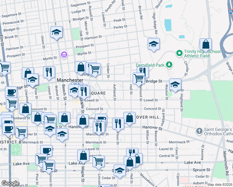 map of restaurants, bars, coffee shops, grocery stores, and more near 351 East High Street in Manchester