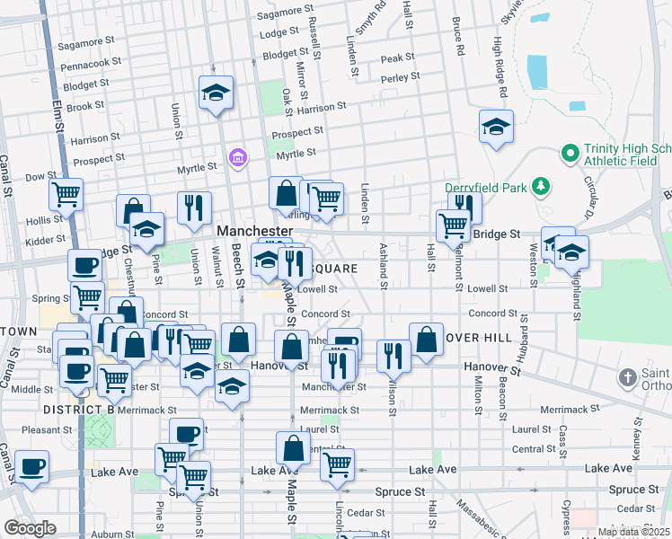 map of restaurants, bars, coffee shops, grocery stores, and more near 23 Jane Street in Manchester