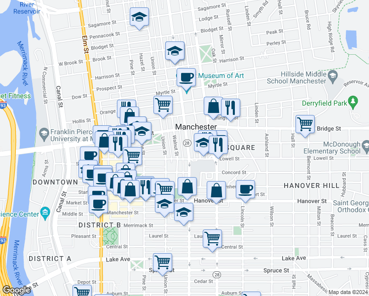 map of restaurants, bars, coffee shops, grocery stores, and more near 585 New Hampshire 28 in Manchester
