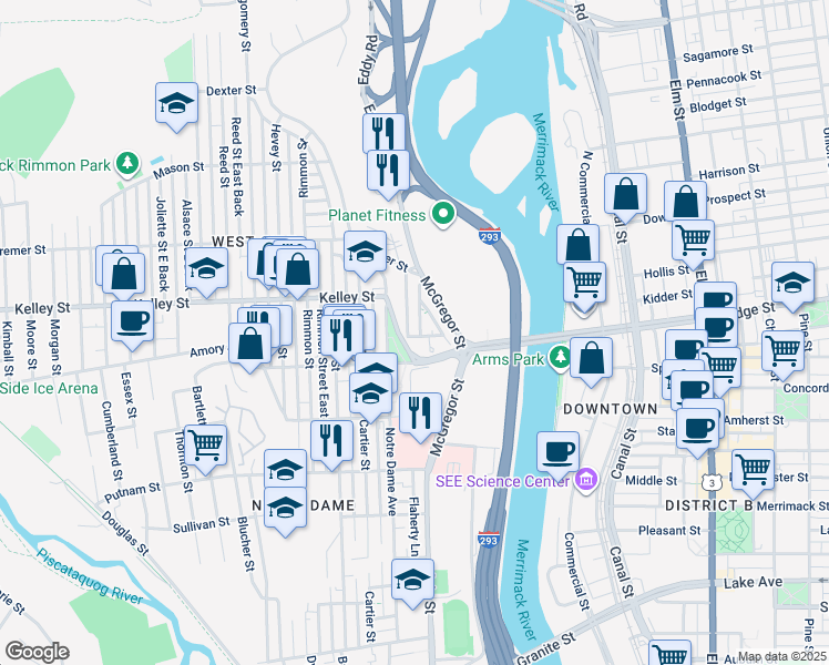 map of restaurants, bars, coffee shops, grocery stores, and more near 164 Dionne Drive in Manchester
