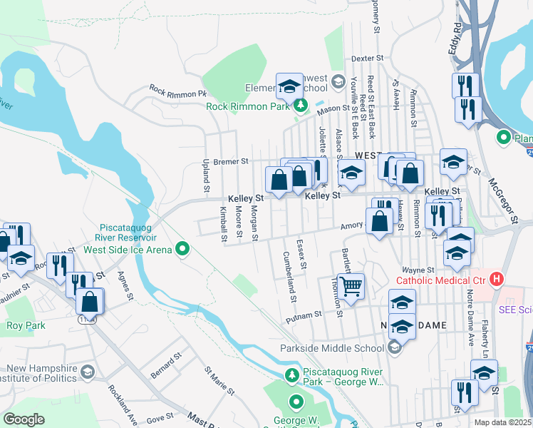 map of restaurants, bars, coffee shops, grocery stores, and more near 85 Morgan Street in Manchester