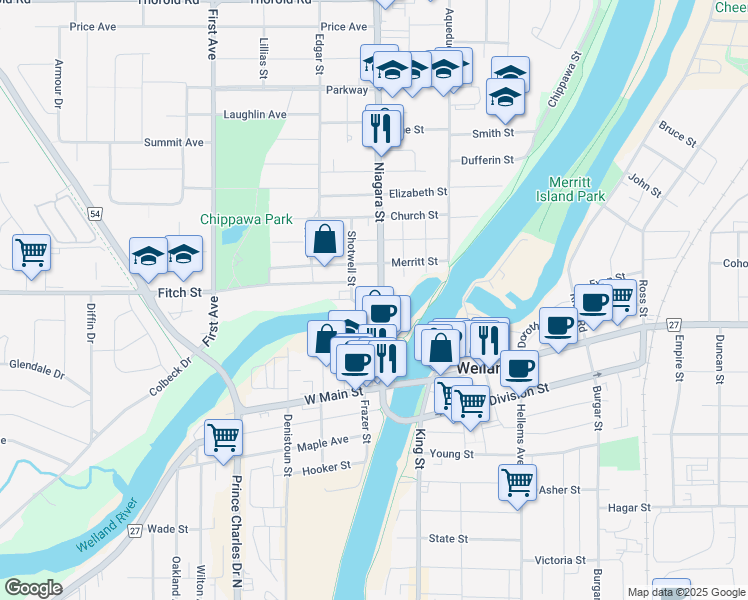 map of restaurants, bars, coffee shops, grocery stores, and more near in Welland