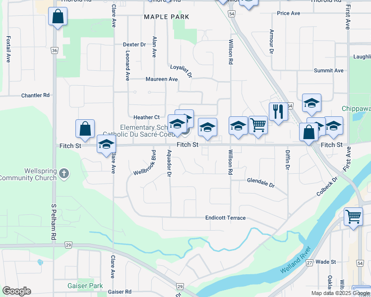 map of restaurants, bars, coffee shops, grocery stores, and more near in Welland