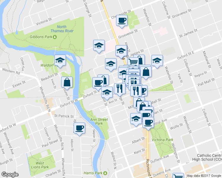 map of restaurants, bars, coffee shops, grocery stores, and more near 140 Oxford Street East in London
