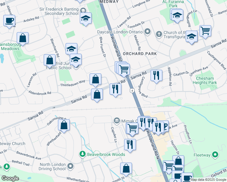 map of restaurants, bars, coffee shops, grocery stores, and more near in London