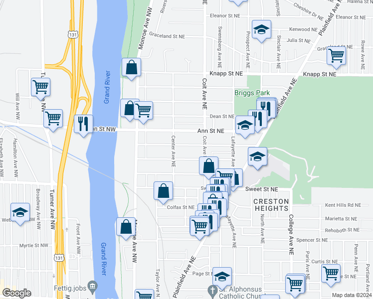 map of restaurants, bars, coffee shops, grocery stores, and more near 114 Palmer Street Northeast in Grand Rapids