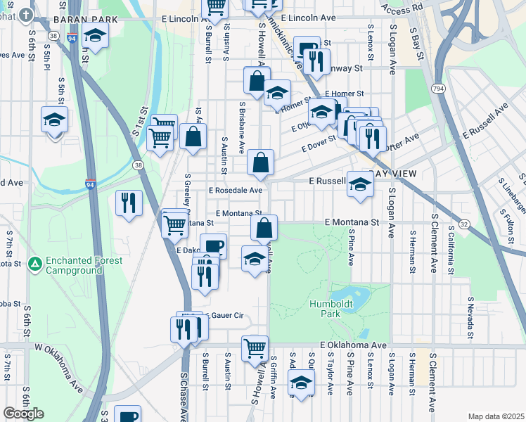 map of restaurants, bars, coffee shops, grocery stores, and more near 2751 South Howell Avenue in Milwaukee