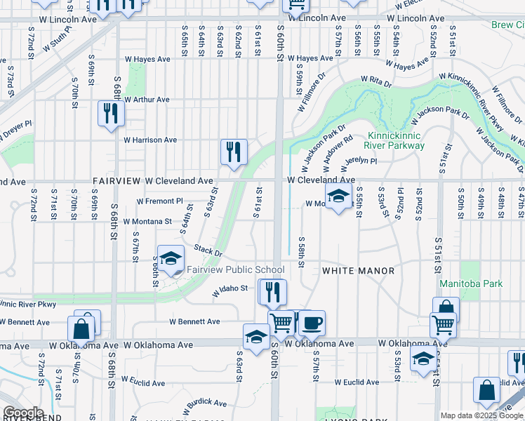 map of restaurants, bars, coffee shops, grocery stores, and more near 2752 South 61st Street in Milwaukee