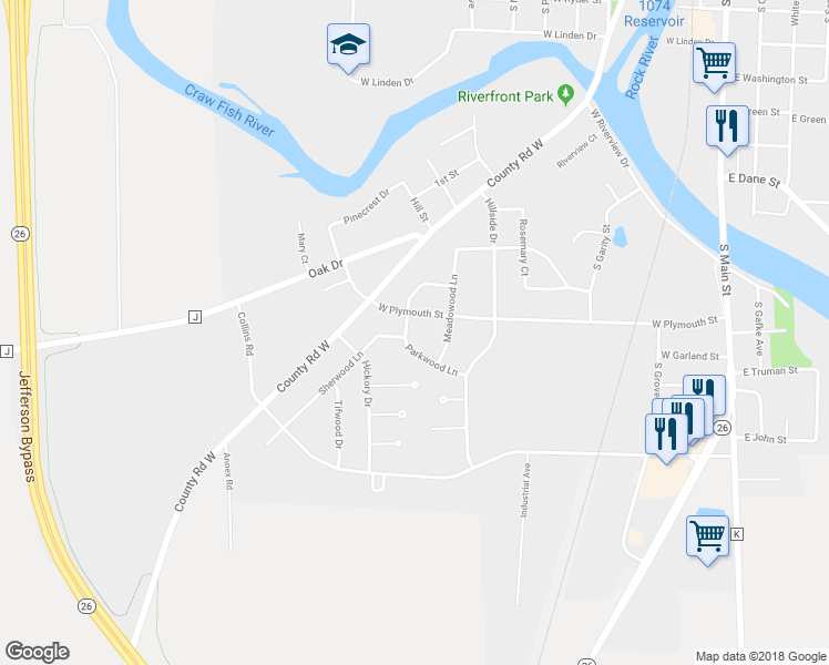 map of restaurants, bars, coffee shops, grocery stores, and more near 632 West Plymouth Street in Jefferson