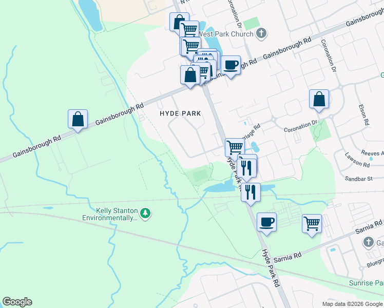 map of restaurants, bars, coffee shops, grocery stores, and more near 82 South Carriage Road in London
