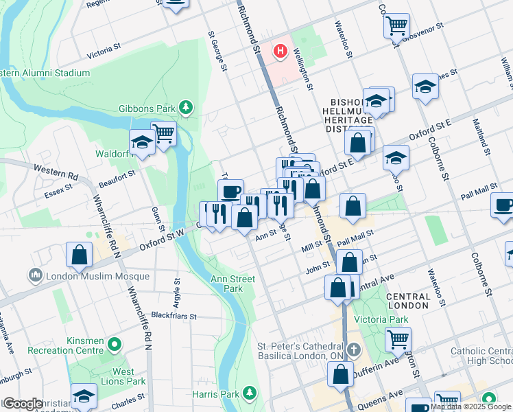 map of restaurants, bars, coffee shops, grocery stores, and more near 137 Oxford Street East in London